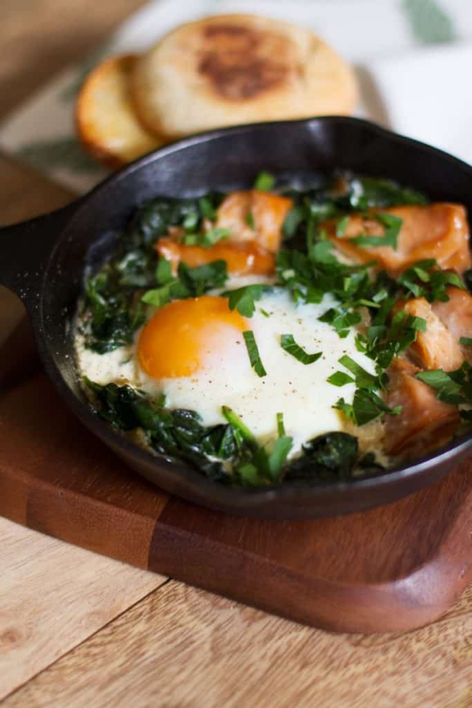 Single serving of baked eggs in cast iron skillet