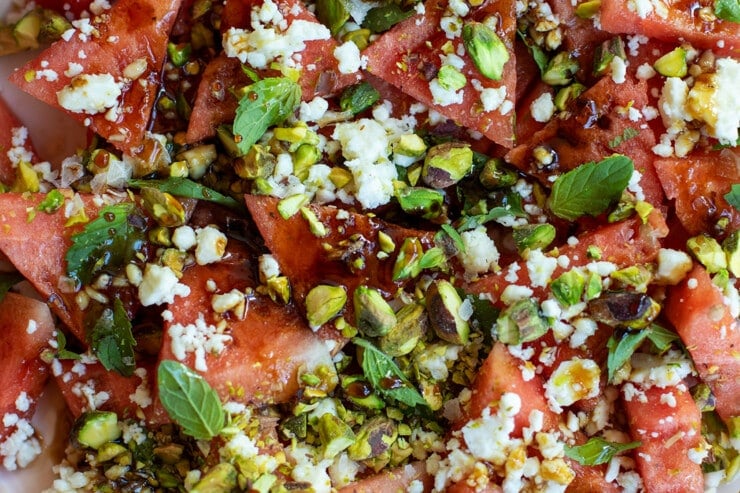 Close up of Watermelon Pistachio Feta Salad Recipe