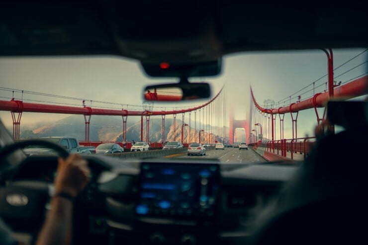 View out of a car of the Golden Gate bridge red detailing