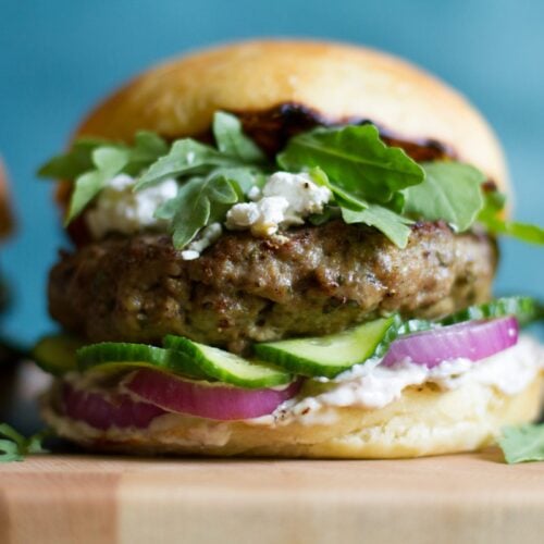 Mediterranean Lamb Burger With Tapenade Mayo, Arugula, and Feta Recipe