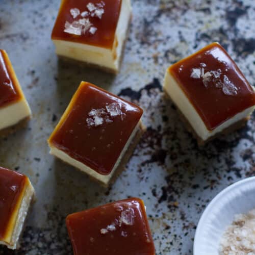 Cheesecake Bars with Pecan Shortbread and Salted Whiskey Caramel Recipe