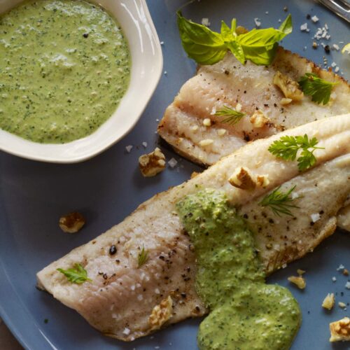 Pan-Roasted Trout with Walnut-Green Sauce Recipe