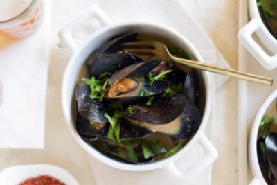 Sake Miso Mussels with Wilted Greens Recipe