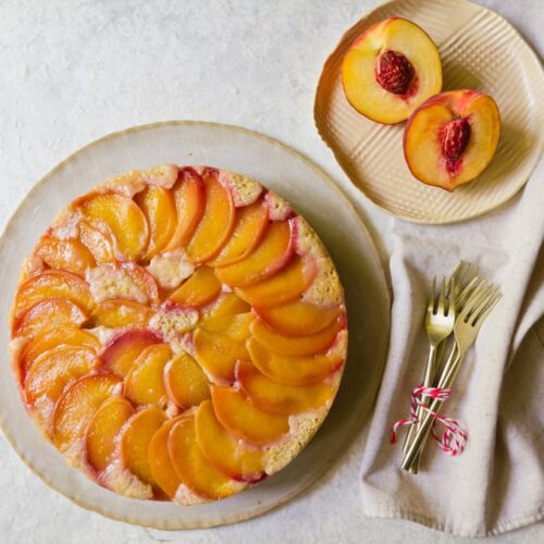 Upside Down Peach Rhubarb Polenta Cake Recipe