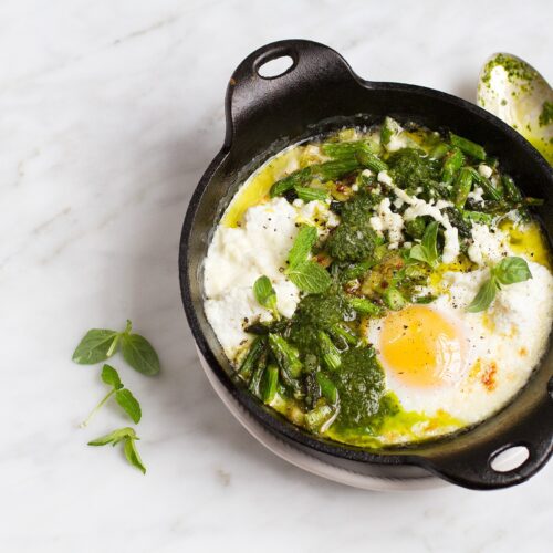 Asparagus Ricotta Baked Eggs with Mint-Basil Puree Recipe