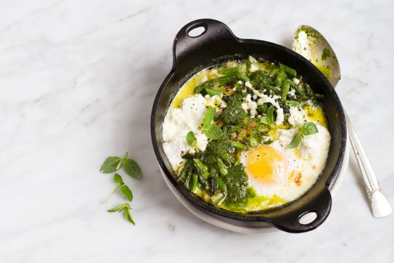 Asparagus Ricotta Baked Eggs with Mint-Basil Puree Recipe