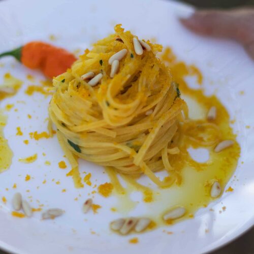 {Bibbonata} Tagliolini Pasta With Pine Nuts and Bottarga Recipe