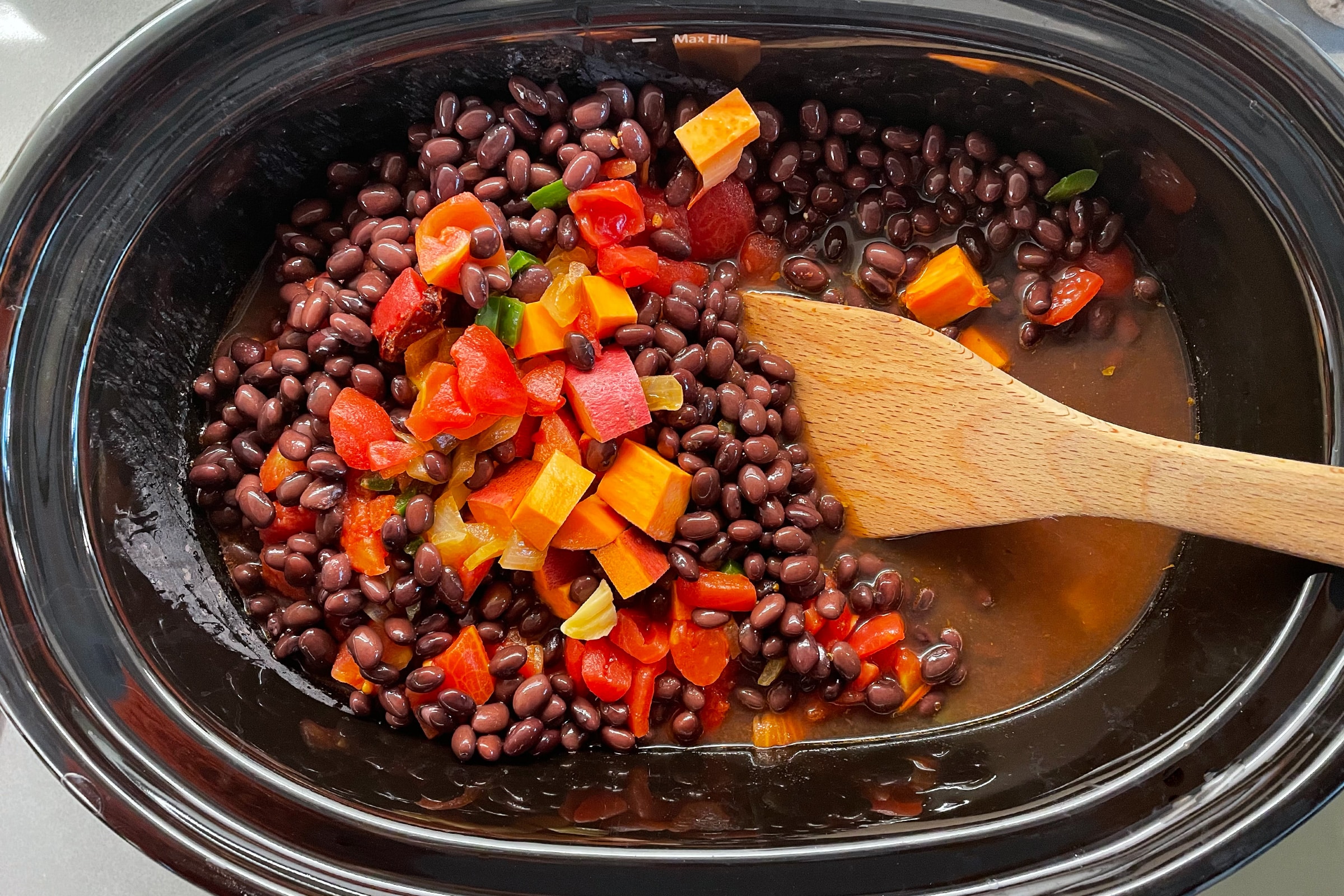Uncooked Black Bean Sweet Potato Chili In Slow Cooker