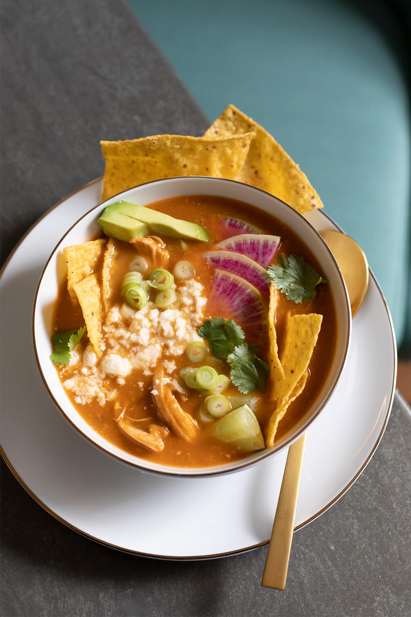 Bowl Of Tortilla Soup On A Table