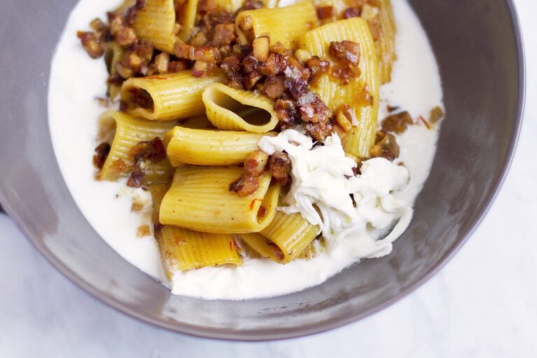 Mezzi Paccheri Pasta with Burrata Cream, Guanciale, and Saffron Recipe