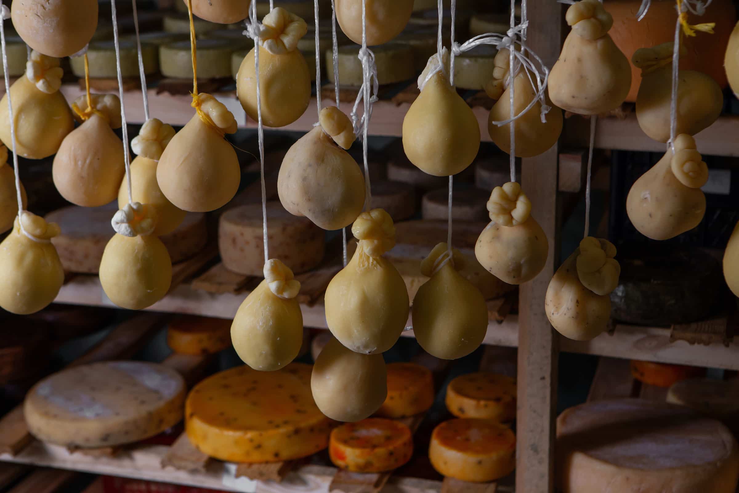 Caciocavallo Cheese hanging in a shop