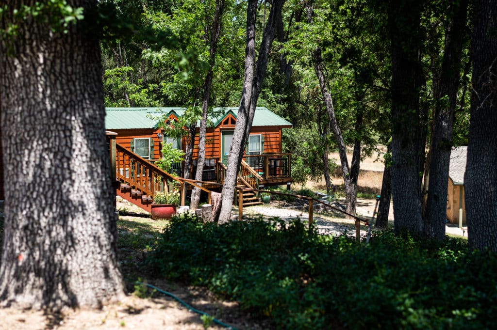 Cabins in woods at Queen's Inn Oakhurst California