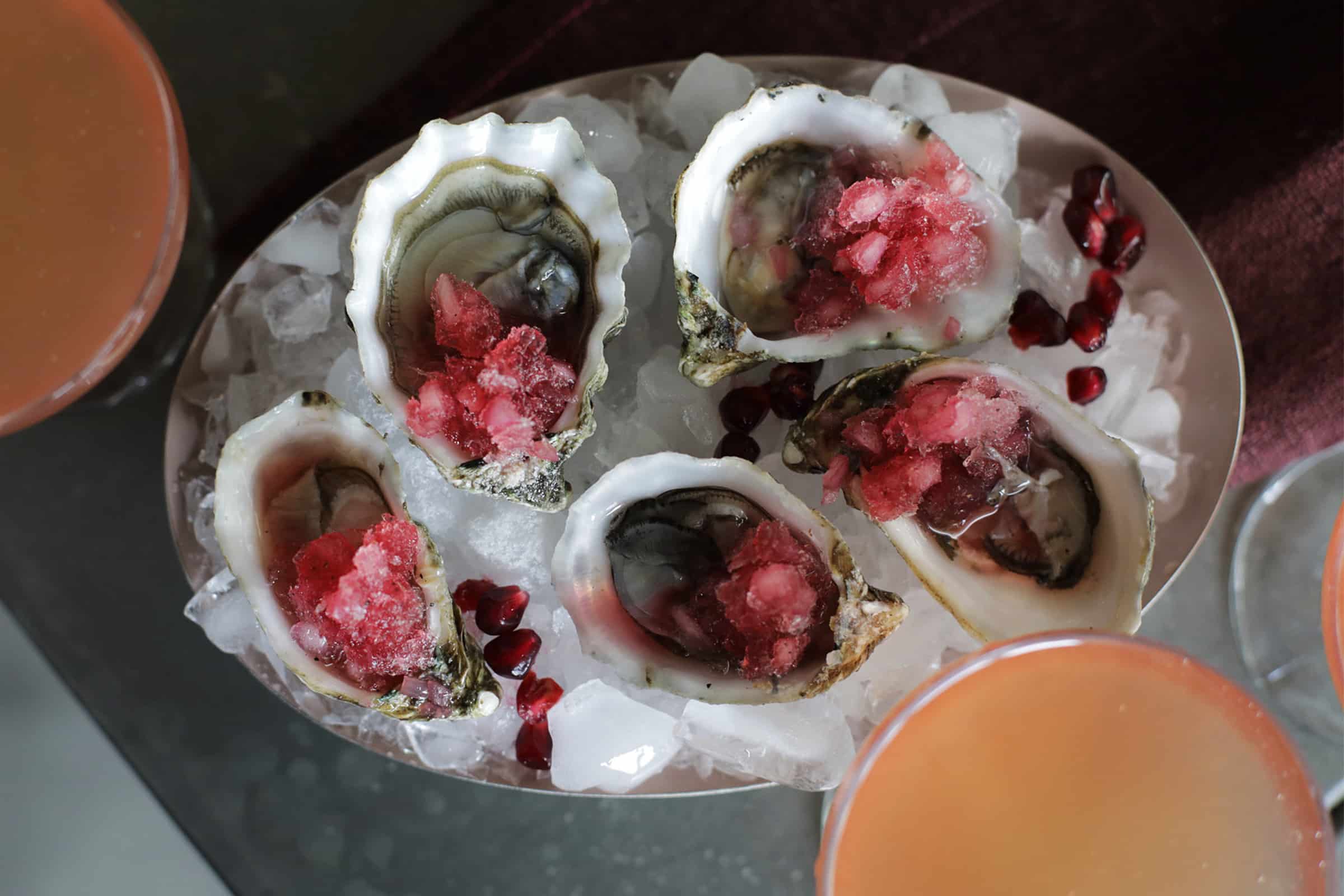Oysters With Mignonette Granita On A Platter