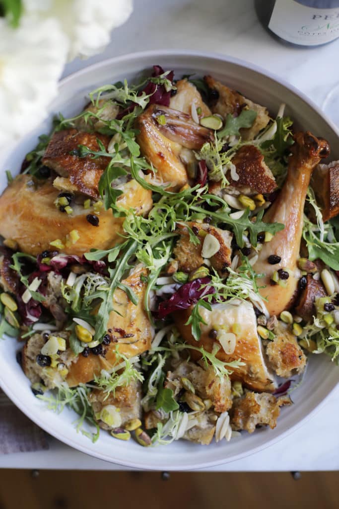 Overhead shot of Zuni Cafe roast chicken salad in a bowl