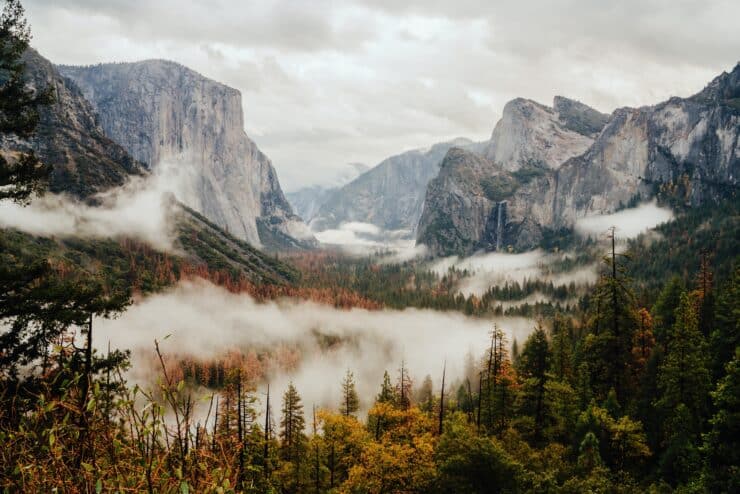 View of Yosemite Valley floor with fog and fall foliage