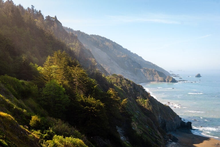 Viewpoint looking onto ocean and beach at Redwoods National Park