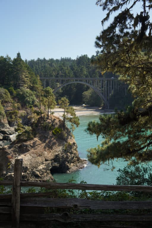 Bridge with trees, water, and woods in Mendocino California