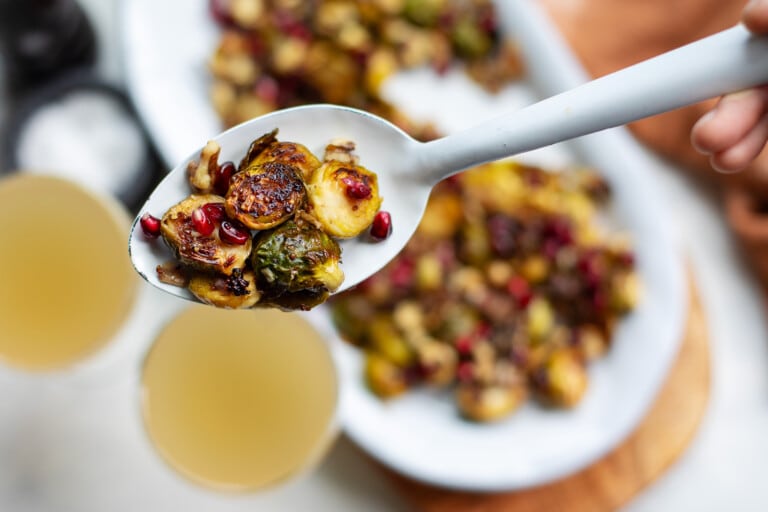 Roasted Brussels Sprouts on a serving spoon close up