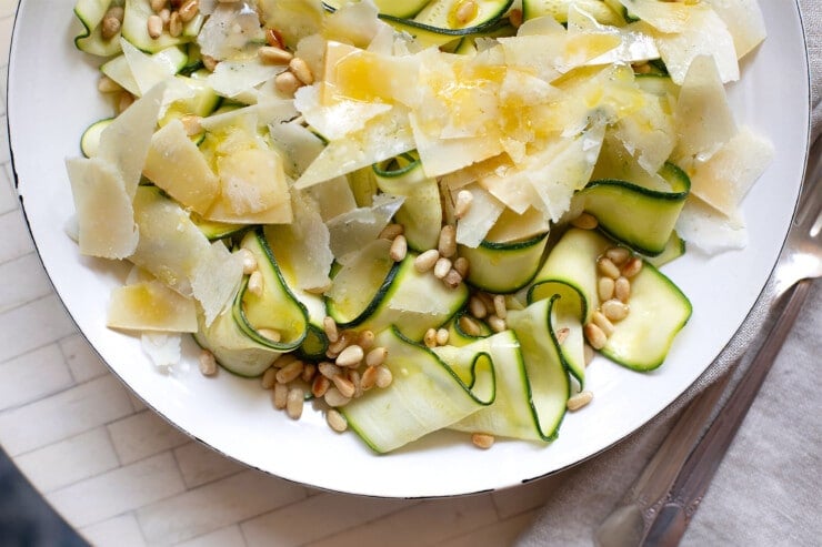 Zucchini ribbons with pine nuts and Parmigiano Reggiano