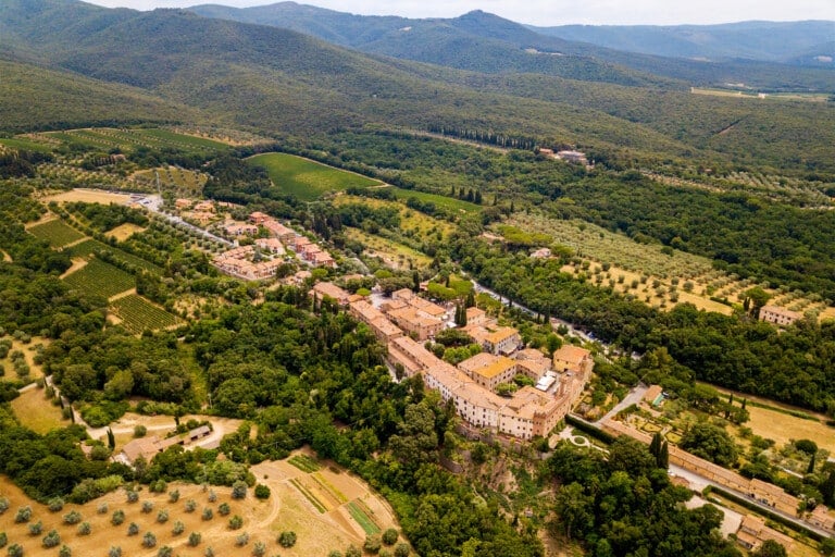 Aerial photo of the town of Bolgheri with olive groves and vineyards around it