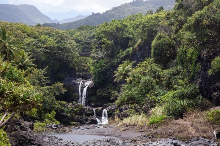 Lush landscape with a bridge and two waterfalls