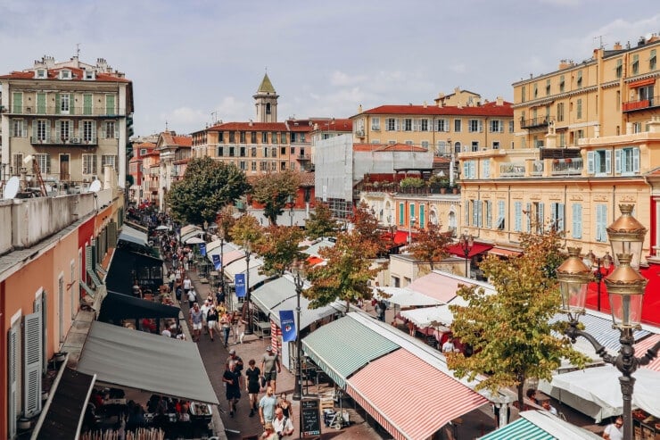 Aerial view of market stalls in a town
